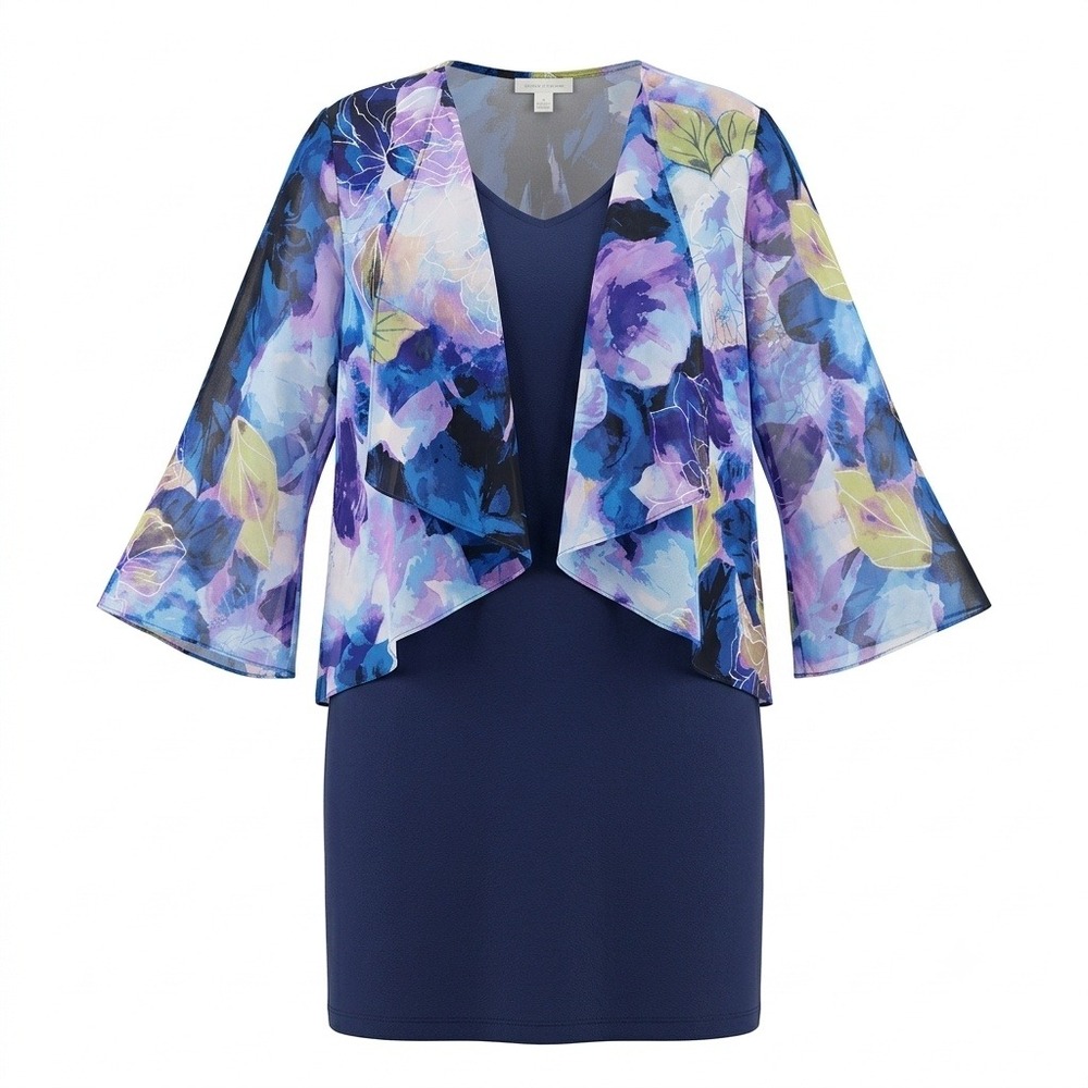 Dana Buchman Dress and Jacket Set Floral Blue Purple Women's Size L NEW